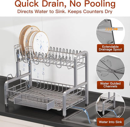 BOOSINY 2 Tier Dish Drainer Drying Rack for Kitchen Counter, Large Stainless Steel Dish Dryer with Drainboard, Big Rustproof Metal Space Saving Countertop Plate Strainer with Utensil Holder, Sliver