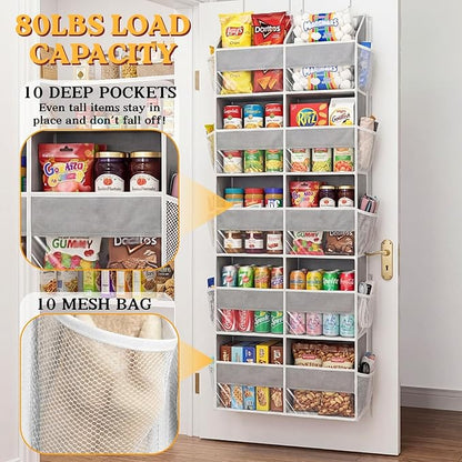 2 Pack Over The Door Organizer 5 Tiers, Extra Large Behind Door Storage of 10 Compartments, 80 lbs Weight Capacity Over Door Organizer, Door Hanging Organizer for Closet, Diaper Organizer, Light Gray