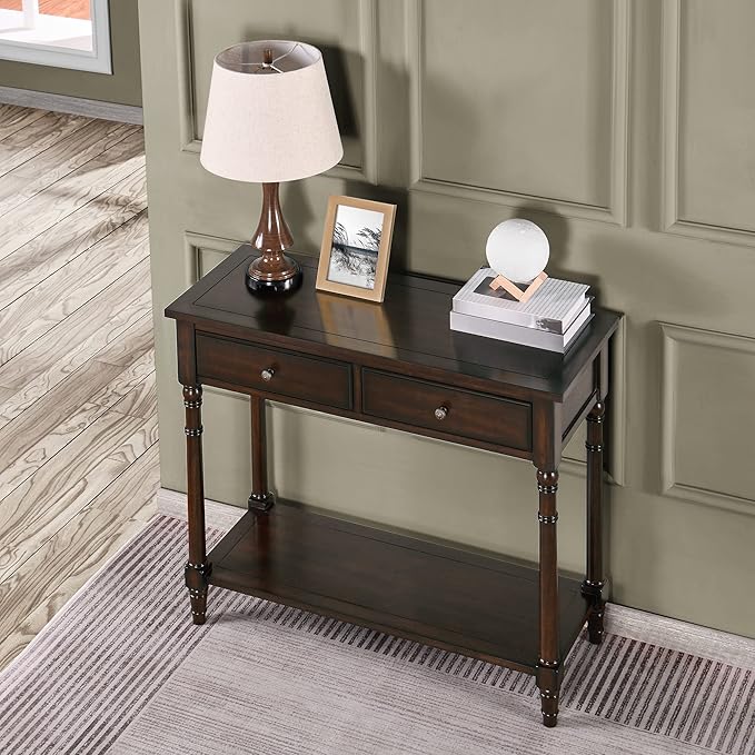 Solid Wood Console Table with 2 Drawers, 2-Tier 35.4" X 30" Accent Sofa Table with Multilayer Storage Shelf Rustic Hall Entryway Tables for Living Room Home Office-Walnut 004DC