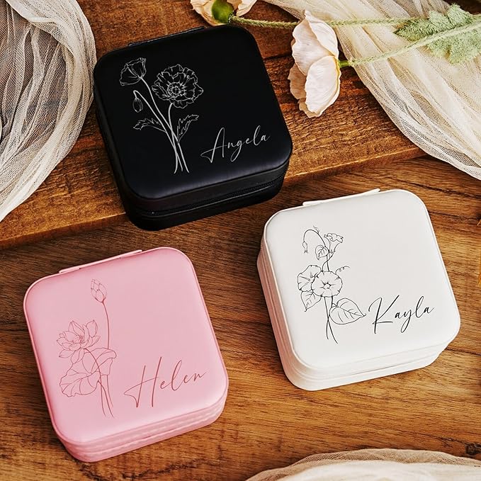 Personalized Jewelry Box, Custom Name Mini Jewelry Case with Birth Flower Jewelry Organizer Travel for Mothers Day Gifts, Birthday Gifts, Wedding Gifts for Mom Wife Girls