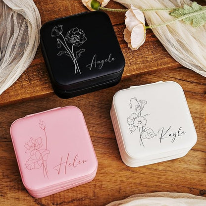 Personalized Jewelry Box, Custom Name Mini Jewelry Case with Birth Flower Jewelry Organizer Travel for Mothers Day Gifts, Birthday Gifts, Wedding Gifts for Mom Wife Girls