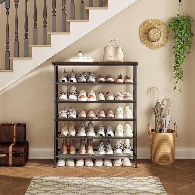 SUOERNUO Shoe Rack Organizer 6 Tier for Closet Entryway Free Standing Metal Storage Shoe Shelf with MDF Top Board，Black