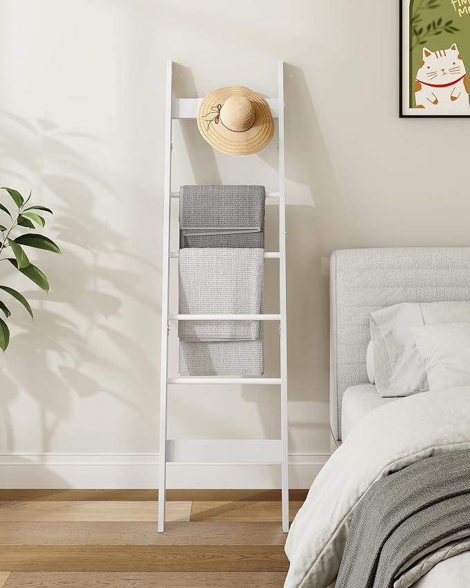 Hzuaneri Blanket Ladder for Living Room, Decorative Quilt Rack with 4 Removable Hooks, 6-Tier Farmhouse Ladder Holder Shelf Organizer for Bedroom, White BR31513W