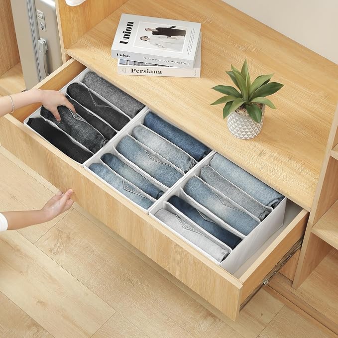 Qozary Jeans Pants Organizer for Closet, 4 Pack Drawer Organizers for Clothing, 5 Grids Wardrobe Clothes Organizer, Jean Organizer for Closet, Deep Drawer, Clothes Organizer for Shirts, Legging