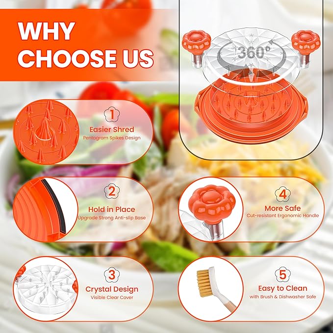 Chicken Shredder Tool Twist Large - 10'' Pro Meat Shredders for Chicken Breast,Visible Kitchen Gadgets Grinder Machine with Brush,Strong Anti-Slip Strip,Ergonomic Handle,BPA Free (Orange)