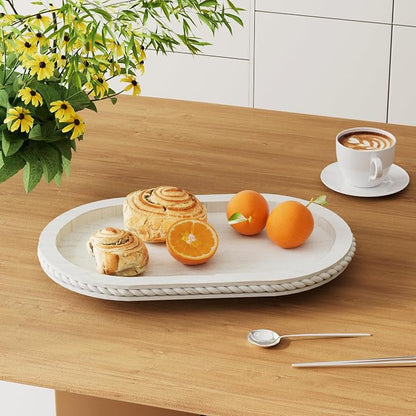 Urban Deco Oval Wooden Decorative Tray Set of 2, Farmhouse Vintage Decorative Tray Stand for Coffee Table, White Serving Tray for Living Room Kitchen Home Decor - 2 Pack