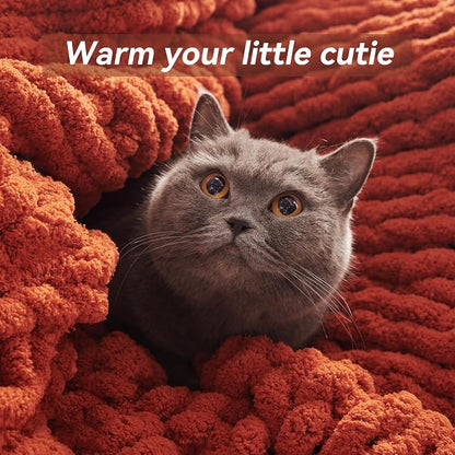 Negwoo Chunky Knit Throw Blanket, 50''*60'' Fall Throw Blanket Knitted Chenille Yarn for Bed Couch, Handmade Orange Crochet Big Thick Blanket, Machine Washable Cute Comfy Blankets for Home Decor