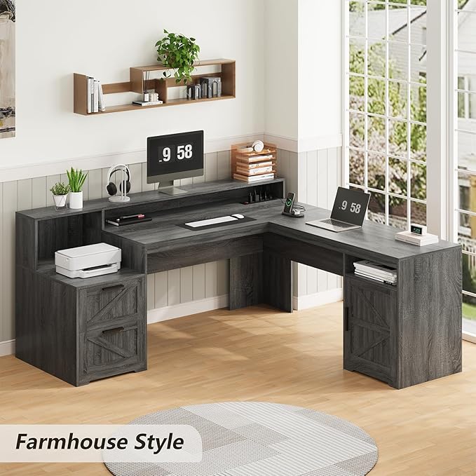 63" Farmhouse L Shaped Executive Desk with Drawers & Storage Shelf, Corner Computer Desk with Power Outlets, L Shaped Office Desk with Monitor Stand, Printer Shelf, Dark Gray