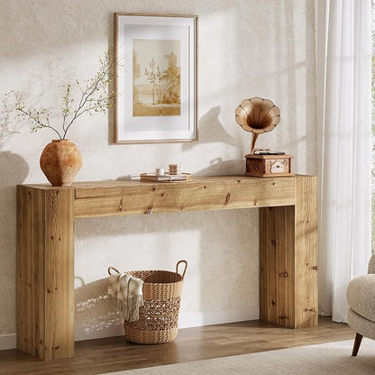 Solid Wood Console Table, 63-Inch Farmhouse Sofa Table Behind Couch for Entryway, Living Room, Foyer, Easy Assembly (Light Wood)