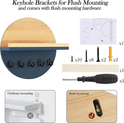 Blue Key Holder for Wall with Shelf - Wood Mail Organizer and Rack with Shelf Hooks Wall Mounted for Entryway Decor Magazines Letter Storage Farmhouse Living Room Bedroom Doorway