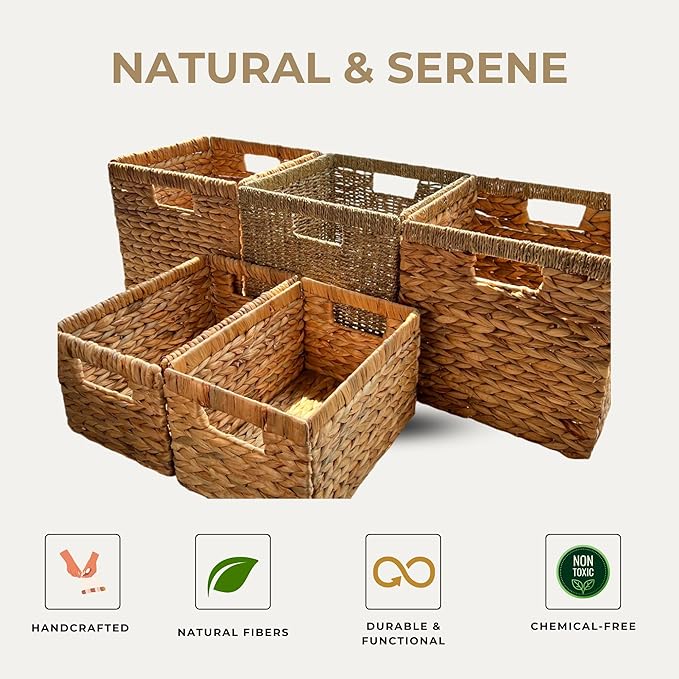 Wicker Storage Cubes 12x12 Set of 4, Heavy Duty Hyacinth Storage Baskets, Baskets for Organizing, Storage Woven Basket, Collapsible Storage Cubes, Rattan Basket, Ikea Kallax Inserts (Water Hyacinth)