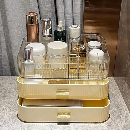 Makeup Organizer with Stackable Drawers, Bathroom Countertop Vanity Organizers and Storage, Ideal for Desk and Dresser, Great for Cosmetics, skin Care, Lipsticks, Nail Care -Cream White