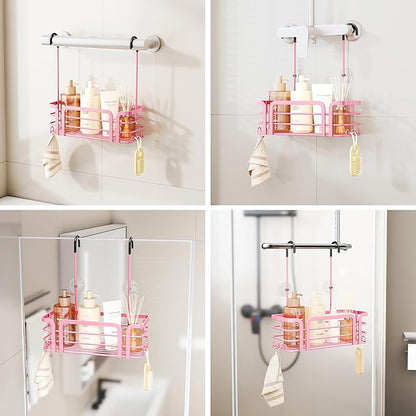 SWTYMIKI Shower Caddy Hanging Organizer - Over the Door Shower Caddy with 6 Hooks, 2 Installation Ways, Stainless Steel Rustproof Bathroom Organizer, Pink Small