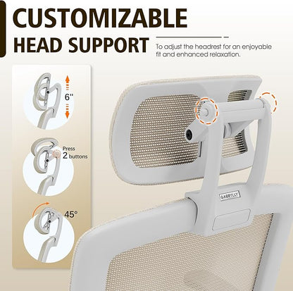 GABRYLLY Ergonomic Office Chair, High Back Home Desk Chair with Headrest, Flip-Up Arms, 90-120° Tilt Lock and Wide Cushion, 400LBS Mesh Chairs for Man Woman, White Task Chair(Beige,GY01WBG)