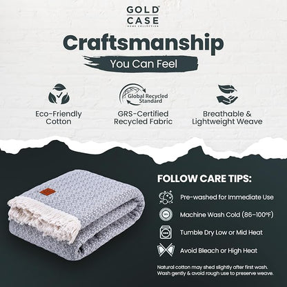 Gold Case Throw Blanket for Bed - 100% Recycled Turkish Cotton Blanket - Retro Lightweight Soft Throw Blankets for Bed & Living Room - Twin Size Cozy Blankets - 71x90 - Grey
