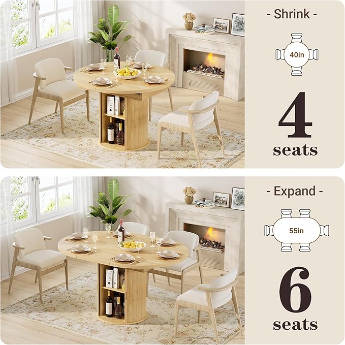 40-55in Extendable Round Dining Table for 4–6, Modern Oval Dining Table, Multi-Use Kitchen Table with Removable Leaves Space Saving, Dinner Table for Dining Room,Apartments or Meeting Rooms