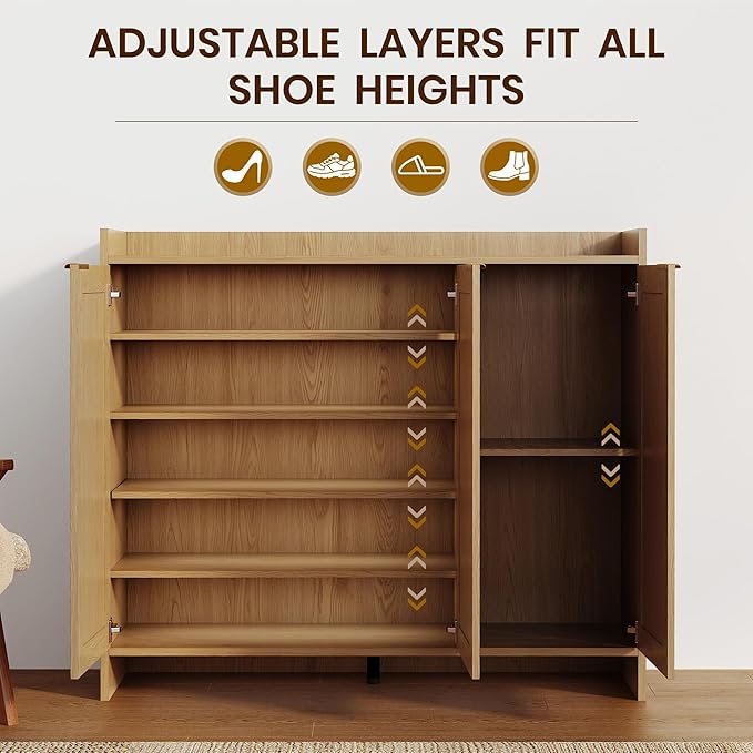 Shoe Cabinet, 41" Tall Rattan Shoe Storage Organizer Cabinet, Adjustable Shelves, 6-Tier Farmhouse Boho Wooden Storage Cabinet for Entryway Hallway Closet Bedroom,Lightoak