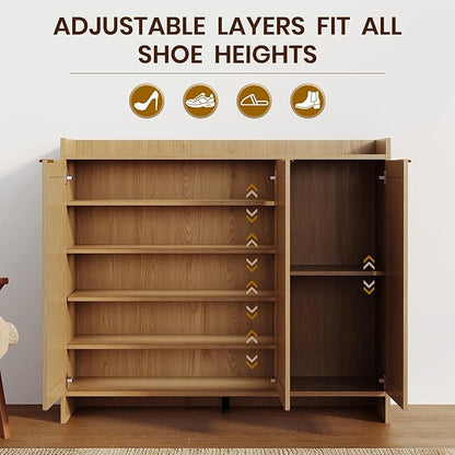 Shoe Cabinet, 41" Tall Rattan Shoe Storage Organizer Cabinet, Adjustable Shelves, 6-Tier Farmhouse Boho Wooden Storage Cabinet for Entryway Hallway Closet Bedroom,Lightoak