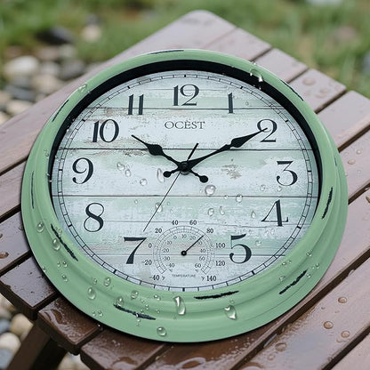 OCEST 16 Inch Indoor Outdoor Clock, Waterproof Large Wall Clock with Thermometer, Silent Non-Ticking Battery Operated Decor for Patio Pool Porch Garden Garage（Retro Green）