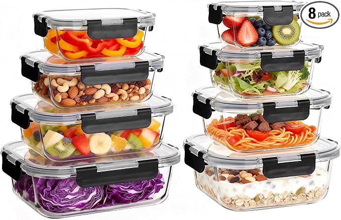 8 Pack Glass Meal Prep Containers with Lids, Extra Thick Airtight Food Storage Set (310ml-1510ml/10.5oz–51oz), Leakproof Lunch Boxes for Leftovers