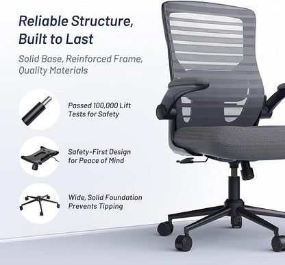 Office Desk Chair for Long Hours & Lower Back Pain Relief – 4“ Thick Molded Foam Cushion, Enhanced Lumbar Support, Padded Flip-up Armrests, New Year Workspace Upgrade, Dark Gray