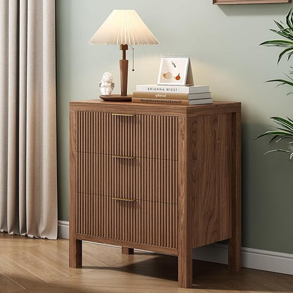 Nightstand with 3 Drawers, Dresser and Nightstand Sets, Bedside Tables, Mid Century Nightstands with 3 Wide Drawers for Bedroom, Kids’ Room, Hallway - Walnut