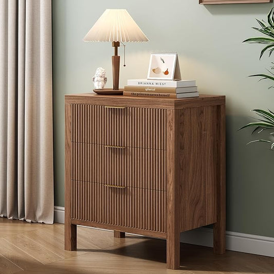 Nightstand with 3 Drawers, Dresser and Nightstand Sets, Bedside Tables, Mid Century Nightstands with 3 Wide Drawers for Bedroom, Kids’ Room, Hallway - Walnut