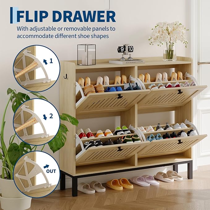 Garvee 4 Flip Drawer Shoe Cabinet with Adjustable Shelves, Hidden Shoe Organizer with Large Capacity, Freestanding Wooden Shoe Rack for Entryway, Hallway, Living Room, Natural