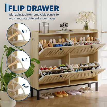 Garvee 4 Flip Drawer Shoe Cabinet with Adjustable Shelves, Hidden Shoe Organizer with Large Capacity, Freestanding Wooden Shoe Rack for Entryway, Hallway, Living Room, Natural