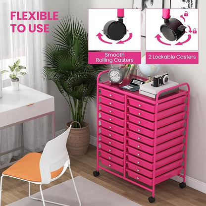 Giantex 20 Drawers Rolling Cart, Mobile Storage Drawer Cart, Classroom Organizer for Office School Supplies Teacher Tools Scrapbook Paper Craft Small Printer, Utility Stand on Wheels, Hot Pink