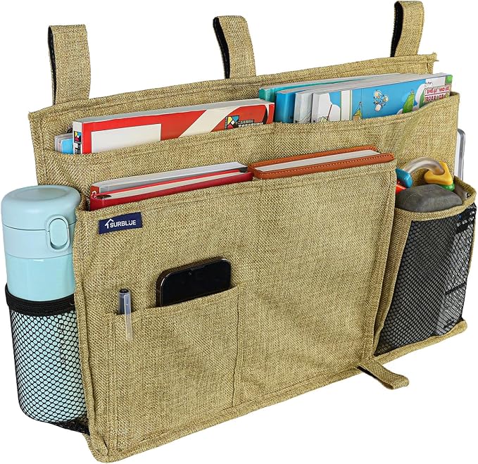 Surblue Bedside Caddy Hanging Bed Organizer Storage Bag Pocket for Bunk and Hospital Beds, College Dorm Rooms Baby Bed Rails, Camp 8 Pockets, (Large, Linen)