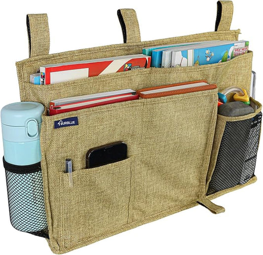 Surblue Bedside Caddy Hanging Bed Organizer Storage Bag Pocket for Bunk and Hospital Beds, College Dorm Rooms Baby Bed Rails, Camp 8 Pockets, (Large, Linen)