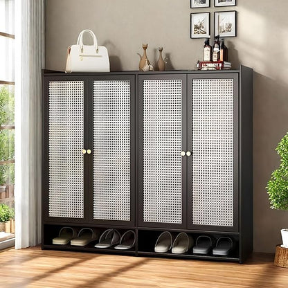 Bamboo Shoe Cabinet, 8-Tier Shoe Storage Cabinet with Doors, Freestanding Bamboo Shoe Rack Organizer with Shelves for Entryway, Hallway, Closet, Living Room