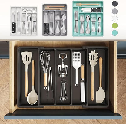 Lifewit Utensil Organizer for Kitchen Drawers, Expandable Cooking Utensil Tray, Adjustable Cutlery Silverware Flatware Holder, Plastic Spatula Tools Storage Divider, 13-22 x 15", Black