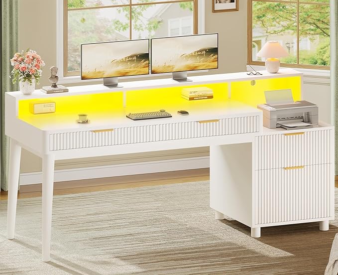 SEDETA Office Desk with 4 Storage Drawers, 59" Fluted Wood Gaming Computer Desk with LED Lights and Power Strip, Modern Writing Desk Study Table for Home Office, Living Room, Bedroom, White