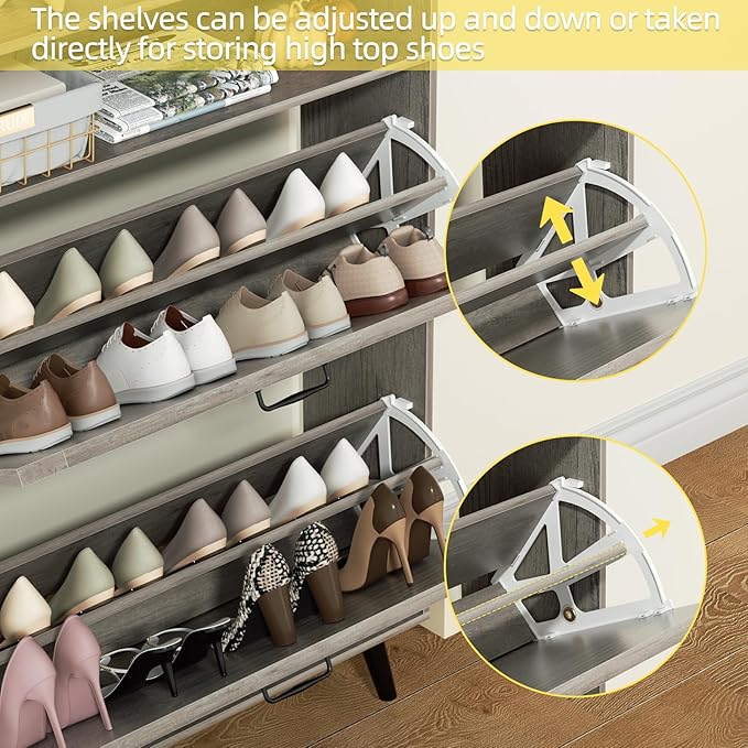 EOYUTLLY Shoe Cabinet with Bench, Shoe Organizer Cabinet with 2 Flip Drawers & Open Shelf, Narrow Shoe Storage Cabinet for Entryway, Freestanding Shoe Rack with Legs, Grey