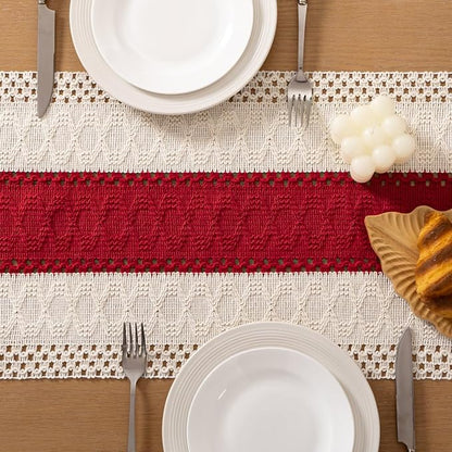 Socomi Boho Table Runner Valentine's Day Farmhouse Rustic Dining Kitchen Centerpiece Decor Small Macrame Woven Cotton Linen Coffee Table Runner for Dresser Scarf Home Decor 12x36 in Red Ivory