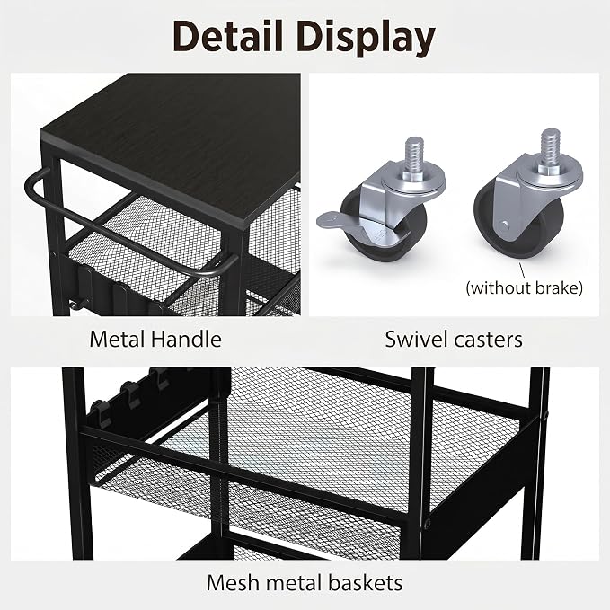 Rolling Utility Cart, 4 Tier Metal Storage Cart with Handle and Wood Top, Multifunctional Mobile Shelf Unit Organizer Trolley for Laundry, Bathroom, Kitchen
