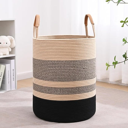 60L Striped Laundry Basket, Brown & Black Laundry Hamper with Leather Handles, Woven Cotton Rope Storage Bin for Blankets, Nursery Hamper for Clothes, Toys In Bathroom, Livingroom, Bedroom