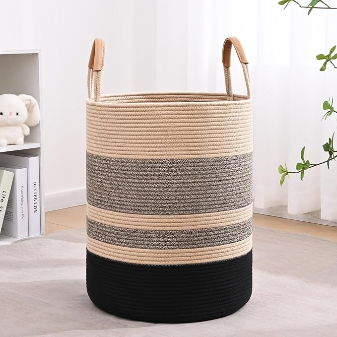 75L Striped Laundry Basket, Brown & Black Laundry Hamper with Leather Handles, Woven Cotton Rope Storage Bin for Blankets, Nursery Hamper for Clothes, Toys In Bathroom, Livingroom, Bedroom