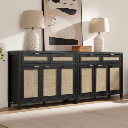 SICOTAS Rattan Sideboard Buffet Cabinet with Storage, Boho Credenza Accent Cabinet with 3 Doors and 2 Drawers, Farmhouse Console Coffee Bar Cabinets for Living Room Kitchen Entryway, Black Oak, 2 PCS