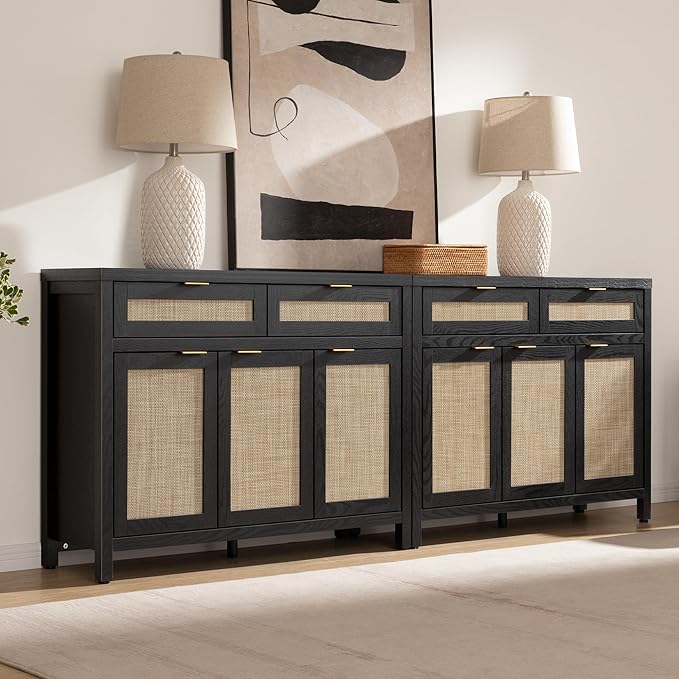 SICOTAS Rattan Sideboard Buffet Cabinet with Storage, Boho Credenza Accent Cabinet with 3 Doors and 2 Drawers, Farmhouse Console Coffee Bar for Kitchen, Living Room, and Entryway, Black Oak
