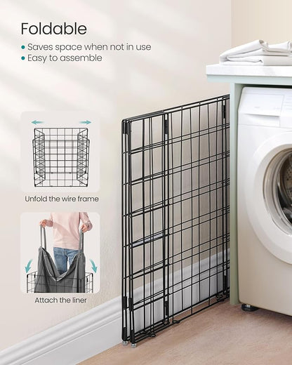 SONGMICS Laundry Hamper, 34.3 Gal. (130L) Laundry Basket, Collapsible Clothes Hamper, Removable and Washable Liner, Metal Wire Frame, for Bedroom Bathroom, Black and Gray ULCB113G01
