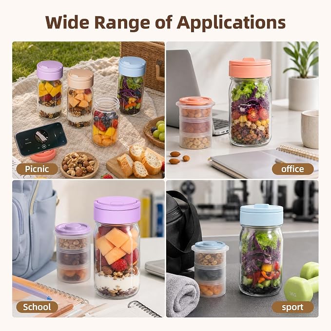 TQRR 32 OZ 4 Pack Overnight Oats Containers with Lids, Glass Storage Jar with Dry and Wet Separation, Leakproof Wide Mouth Mason Jars, Glass Jars with a Handle for Salads,Yogurt (4, Multicolor)