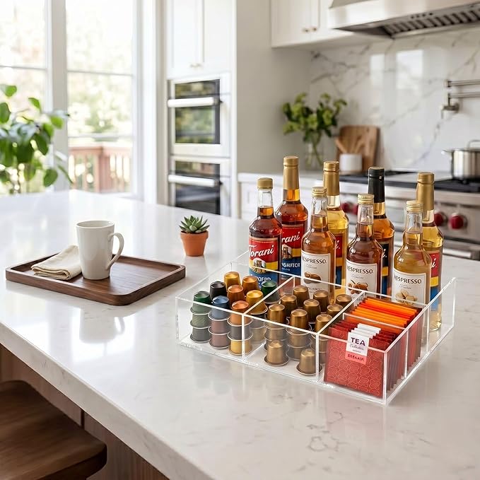 Acrylic Coffee Bar Station – Snack Tea Organizer & Storage Holder for Office Coffee Table – Perfect Countertop Setup for Syrup, Creamer, Condiment and Snack Accessories
