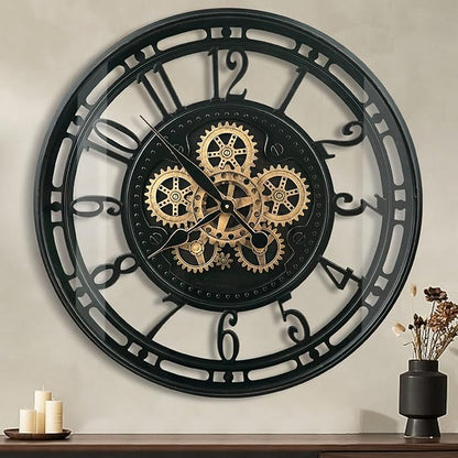 DORBOKER Moving Gears Wall Clock Large Modern Metal Clocks for Living Room Decor, Industrial Steampunk Unique Vintage Rustic Decorative Clock for Home Farmhouse Office, 27.6 Inch,Black Gold Arabic