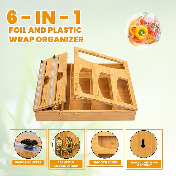 T3-R Bamboo Wrap Organizer - 6-in-1 Dispenser with Cutter for Sandwich Bags, Aluminum Foil, Wax Paper and Plastic Wrap