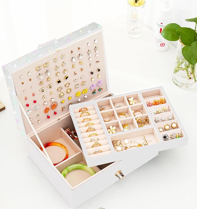 QBestry Jewelry Box for Earrings, Teen Girls Jewelry Organizer Box Earring Holder Organizer for Girls Jewelry Box Stud Earring Organizers for Girls Earrings Jewelry Boxes for Women Bling