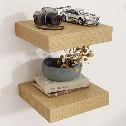 Square Floating Shelves for Wall, 12" W x 12" D x 2" H, 2 Pack of Small Wall Mounted Engineered Wood Shelves with Invisible Brackets for Living Room, Bedroom, Bathroom, Kitchen Decor, Oak
