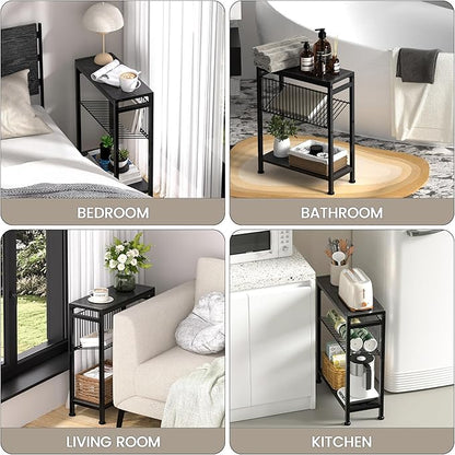 End Table for Small Space, 3-Tier Narrow Side Table with Magazine Holder, Nightstand, Skinny Snack Couch Table in Living Room, Bedroom Study and Balcony (Black)